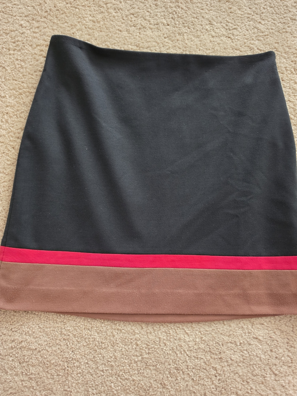 Ann Taylor Loft Black Mini Skirt with Red Stripe and Brown Hemline